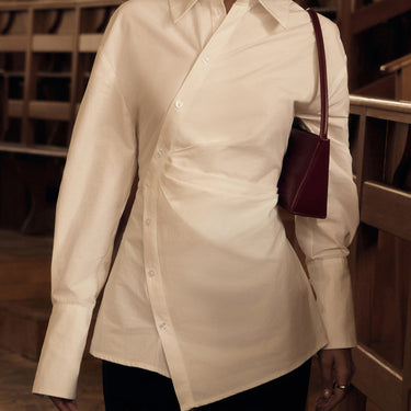 Cotton White Collared Long Sleeve Waist Shirt with Cross Design - Modestly Vogue